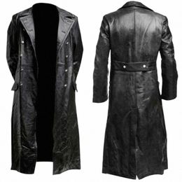 maxi Lg Leather Windbreaker for Men Double Breasted Leather Jacket Military Leather Coat for Men R5qr#