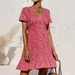 Party Dresses 2024 Summer Beach Dress For Women V-neck Print Floral Dots Stitching Ruffles Mini Short-sleeved Sexy Fashion