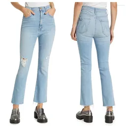 Women's Jeans IOO 2024 Spring And Summer High-waisted Light Blue Frayed Loose Edge Micro Flare Nine-point