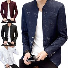 2024 Men Casual Spring Autumn Stand Collar Blazers Youth Handsome Trend Slim Vintage Print Blazer Suit Thin Jacket for Busin z9mp#