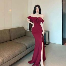 Casual Dresses Wine Red Black High Split Ruffles Off Shoulder Mermaid Long Party Sexy For Women