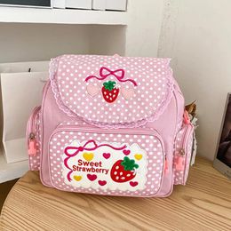 School Bags Kawaii Outdoor Daypack Cute Strawberry Embroidery Student Mochila Dots Multi-Pocket Nylon Fashion College For Teenager Girl