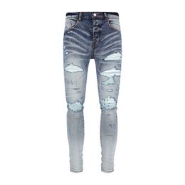 Jeans slim fit da uomo stile Street 23ssam taglio coltello vecchi usurati lavati danneggiati di alta qualità