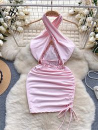 Casual Dresses SINGREINY Cross Hollow Out Halter Sexy Dress Female Sleeveless Backless Drawstring Ruched Design Bodycon Tassel Party