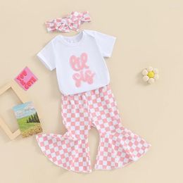 Clothing Sets Baby Girls Summer Outfit Letter Embroidery Short Sleeves Romper And Plaid Flare Pants Headband 3 Piece Clothes