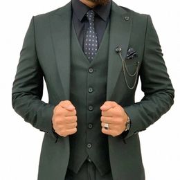 dark Green Wedding Tuxedos Men Suit Peak Lapel Terno Masculino Slim Fit Groom Prom Man Blazer Custom 3 Pieces Jacket Pant Vest r35F#