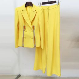 JAMERARY Diamond Chain Two Piece Suit Coats Women Set Yellow Hollow Out Blazers Wide Leg Pants Long Trousers Suits Elastic Waist 240327
