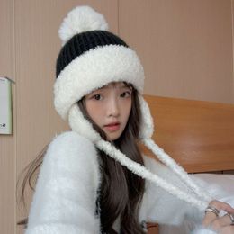 Autumn Winter Travel Cold Ear Protection Lei Feng Thick Lamb Fleece Warm Woolen Korean Version Sweet and Cute Pullover Hat