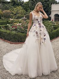 Elegant A Line Wedding Dresses Appliques Lace Spaghetti Strap Pleat Court Train Custom Made Vestido De