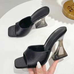 Dress Shoes Summer Green Womens Shoes Slippers Silky Wide Band Transparent Strange High Heels Comfortable PU Leather Slides Sandals Pumps H240401PGM7