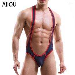 Underpants AIIOU Sexy Men Undershirts Jumpsuit One-Piece Suits Wrestling Singlet T-Back Open BuPouch Bodysuit Exotic Soft Undershirt