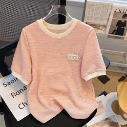Women's T Shirts French Style Sweet Short Sleeves T-shirt Women Summer Pink Ice Silk Fabric Knitted Tops Pearl Decoration Simple Elegant