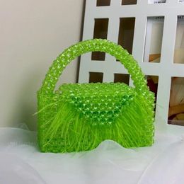 Evening Bags 2024 Luxury Women's Flip Over Handbag Fashion Hand-made Beaded Square Small Handbags Feather Tassel Tote Party Purses