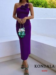 Casual Dresses KONDALA Chic Luxury Solid Purple 3D Flower Sheath Long Women Dress Fashion 2024 Skew Collar Sleeveless Night Party Slim