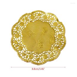 Table Mats 4X7B 50Pcs/Set 3.5 Inch Hollow Floral Embossed Round Lace Paper Doilies Wedding Party DIY Tableware Metallic Gold Placemat