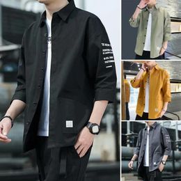 Men's Casual Shirts Men Three-quarter Sleeve Shirt Japanese Style Cargo Coat With Three Quarter Sleeves Soft Breathable Fabric