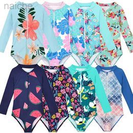 One-Pieces 2-8 years Kids Girls Swimsuit One-Piece Suits 2024 Fashion Floral Print Long Sleeve Swimwear For Children Summer Bathing Suits 24327