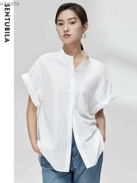 Women's Blouses Shirts Sentubila Simple loose white summer top stand up collar short sleeved button up straight shirt and shirtL240328