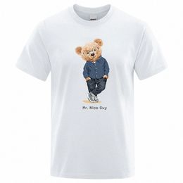 gentleman Mr. Teddy Bear Nice Guy Prints Men Short Sleeve Street Cott T-Shirts Loose Oversized Clothing Casual Breathable Tees t0CU#