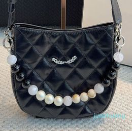 Classic Designer Pearl Chain Shoulder Bag Tote Diamond Pattern Crossbody Bag Women Fashion Double Letter Leather Black Bag Small