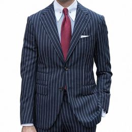 navy Blue Pinstripe Busin Men Suits for Wedding 2 piece Formal Groom Tuxedo Male Fi Clothes Set Jacket with Pants V3TA#