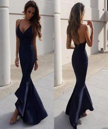 Navy Blue Mermaid Prom Dresses 2019 Sexy Spaghetti Straps High Low Backless Fishtail Cocktail Party Dress Cheap Simple Evening Gow4914495