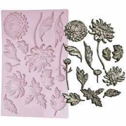 Chrysanthemum Flower Silicone Mould Icing Sugar Chocolate Cake Baking Decor Mould Plants and Flowers Leaf Stem 240325