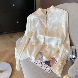 Women's Blouses Satin Chinese Style Shirts Silk Floral Vintage Clothing Spring/Summer Loose Long Sleeves Prints Tops YCMYUNYAN