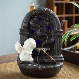 Burners Ceramic Beautiful Angel Backflow Incense Burner with LED Light Smoke Waterfall Incense Cones Holder Home Decor Aroma Censer Gift