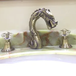 Bathroom Sink Faucets Free Ship Antique Brass 8" Widespread Dragon Lav Faucet Mixer Tap Crystal Handles Deck Mounted Luxurious