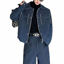 fi Men Denim Jackets Wed Edge Lapel Pockets Lg Sleeve Coats Casual Male Streetwear Loose Versatile Crop Outerwear p9CJ#