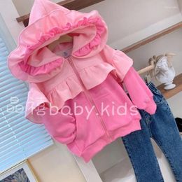Jackets Children's Jacket Girls Spring And Autumn Korean Fashion Pink Cute Hooded Thickened Cardigan Elegant Warm Casual Coat 3-10 Yrs