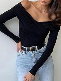 Women's T Shirts Women Criss Cross Front Tshirt Off Shoulder Long Sleeve Pullover Tops Casual V Neck Wrap Slim Fitted Tee