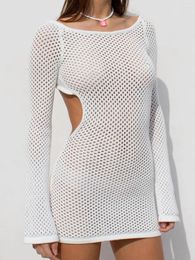 Women Summer Crochet Cover Ups Long Sleeve Backless Sexy Solid Colour Swimsuit Bikini Up Mini Knit Dress