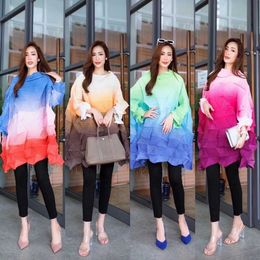 Miyake Pleated 2022 Spring Summer Korean Tops Women Rainbow Gradient Plus Size Diamond Loose Casual T-shirt