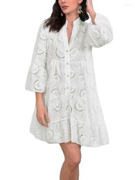 Casual Dresses Women S Embroidery Lace Tunic Shirt Dress Eyelet Hollow Out Long Sleeve Front Button V-Neck Loose Midi