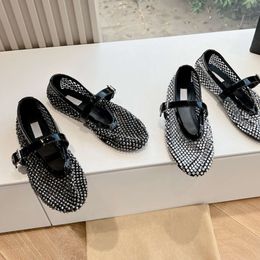 Bulingbuling Fishnet Ballet Flats Women Designer Sandal Black Fabric With Rhinestone Classic Loafers Buckle Casual Shoes 548