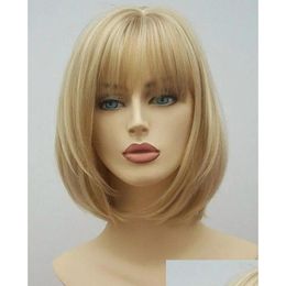 Synthetic Wigs Blonde Wig Straight Simation Human Hair Bobo With Bangs For Black White Women Zhswh83 Drop Delivery Products Otgnp