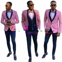 pink Slim Fit Men Suit Navy Blue Lapel Slim Fit Groom Wedding Suit Boyfriend Prom Party Tuxedo 3 Pieces Jacket+Vest+Pant Terno 136z#