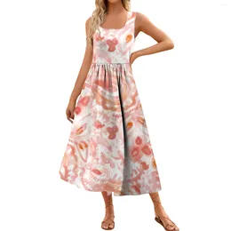 Casual Dresses Women's 2024 Summer Maxi Dress Floral Print Sleeveless Square Neck Flowy Long Beach Elegant Tank Sundresses With Pockets
