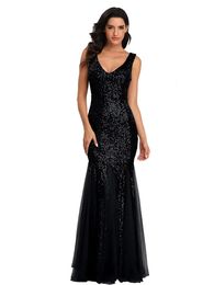 Sequin Spliced Mesh Mermaid Plus Size Evening Gown Double V Neck Sleeveless Selling Bridesmaid Stretch Dress Prom Gown240327