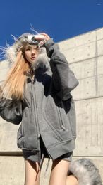 Women's Hoodies Women Zip Up Hooded Coat With Faux Fur Trim Pocket Fleece Lined Sequin Inlaid Jacket Warm Oversized Sweatshirt Grey Y2k