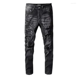 Men's Jeans High Quality Distressed Streetwear Fashion Embroidered Letters Trousers Damage Skinny Stretch Ripped Pants For Men
