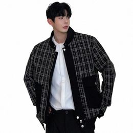 iefb Plaid Men's Jackets Korean Fi Stand Collar Ctrast Colour Large Pockets Zipper Male Short Coats Spring New Chic 9C4786 A3RG#