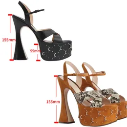 Designer super High Sandal Dress Shoes Ankle Strap Roman Studs Black heeled 155mm Strip Rivets Womens Stiletto Block Heel