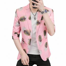 hoo 2022 Men's Summer Cropped Sleeves Printed Suit Youth Sun Protecti Hollow-out Mid-Sleeve Thin blazer X5Lm#