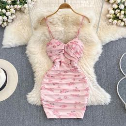 Casual Dresses Fashion Sweet Small Flower Mesh Dress Girl's Slim Fit Fold And Tight Bottom Short Floral Print Sling Mini