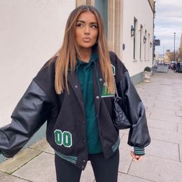 Women Oversized Baseball Jacket Y2k Letter Embroidery Long Sleeve Zip Up Bomber Biker Coat Boyfriend Baggy Outwear Streetwear 240320