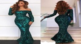 Vintage Arabic Style Emerald Green Mermaid Evening Dresses Sexy Off Shoulders Elegant Long Prom Gowns Lace Sequined Pageant Wears 2454599