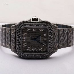 Black Moissanite Fully Iced Out Square Arabic Dial Watch / Custom Made Automatic Movement Timepiece For Party Wear